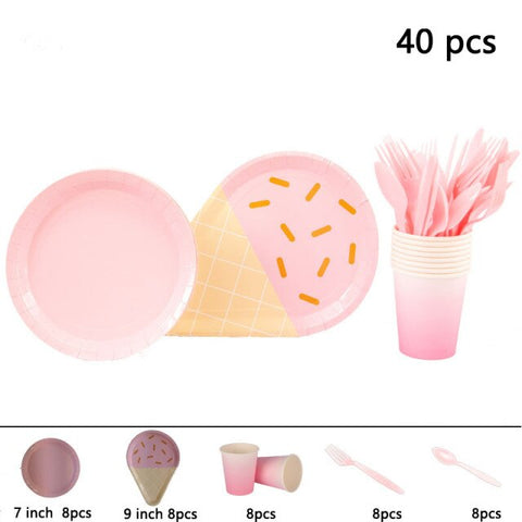 Disposable Tableware Accessories Birthday Party Ice Cream Series Plates Cups Knives Forks Spoons Party Supplies Solid Color