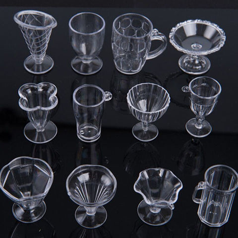 12Pcs/Set Modern Clear Transparent Plastic Mini Ice Cream Cup Tableware Doll House Miniatures Craft for Kids Gifts Kitchen Toys