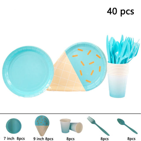 Birthday Theme Activities Ice Cream Series Disposable Tableware Banquet Wedding Plates Cups Knives Forks Spoons Party Gatherings