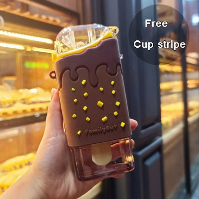 New Summer Cute Donut Ice Cream Water Bottle With Straw Creative Square Watermelon Cup Portable Leakproof Tritan Bottle BPA Free