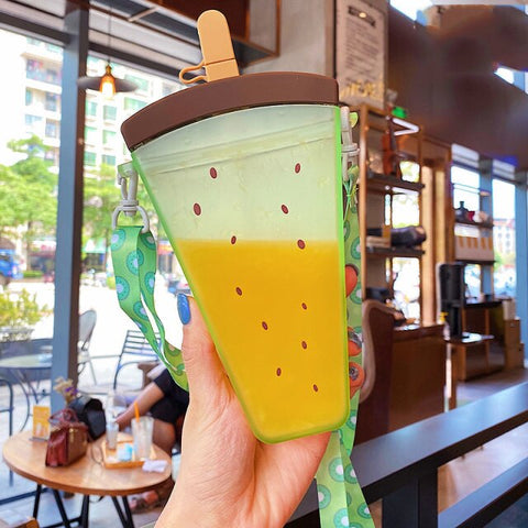 Plastic Water Bottles Cute Watermelon Ice Cream Water Bottle with Straw Bottle Anti-fall Portable Popsicle Cup Kids Water