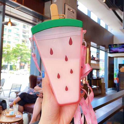 Plastic Water Bottles Cute Watermelon Ice Cream Water Bottle with Straw Bottle Anti-fall Portable Popsicle Cup Kids Water