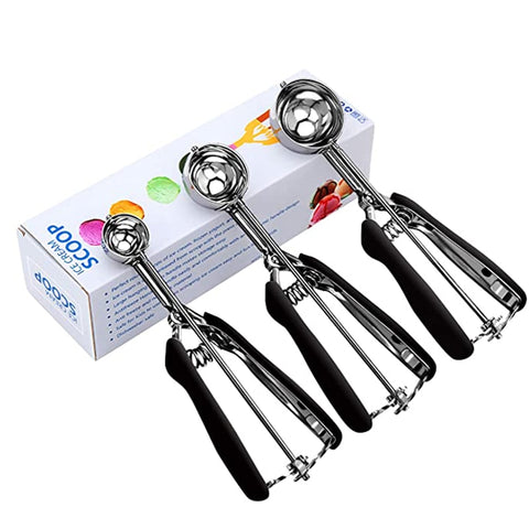 Cookie Scoop Set Ice Cream Scoop 18/8 Stainless Steel with Anti Slip Rubber Grip Cookie Dough Scooper with Trigger Release