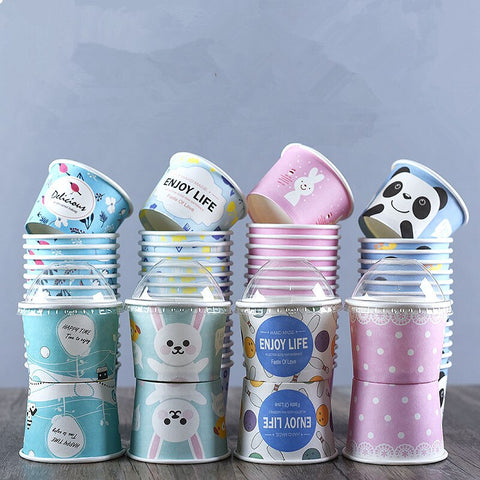 50pcs paper cups birthday party favors dessert cup with lid High quality cartoon ice cream bowl 200ml small round disposable