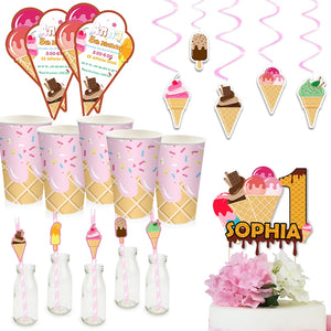 Ice Cream Theme Party Pape Cups Straws Invitations Favor Bags Cake Topper Hanging Decor Birthday Party Supplies Decorations