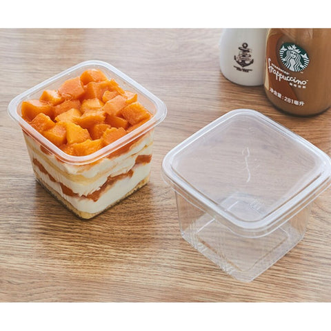 50PCS 300ml Dessert Cups Pudding Jelly Ice Cream Plastic Cups Creative Square Transparent Cake Box Decoration Supplies with Lids