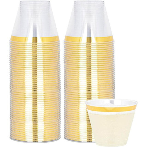 9oz Disposable Plastic Cup Transparent Rose Gold Rim Aviation Cup for Tea Juice Cocktail Ice Cream Dessert Mousse
