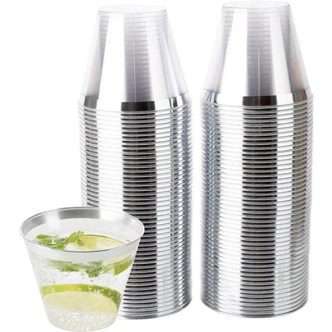 9oz Disposable Plastic Cup Transparent Rose Gold Rim Aviation Cup for Tea Juice Cocktail Ice Cream Dessert Mousse