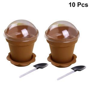 10pcs Flowerpot Cake Cups with Lid Shovel Scoop Bottom Tray Plastic Yogurt Cup Dessert Container for Ice Cream Mousse