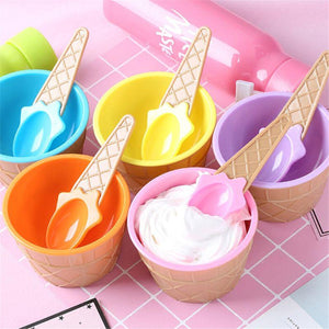 2Pcs/Set Cute Kids Baby Candy Color Ice Cream Bowls Cup Bowl Reusable Dessert Ice Cream Bowl with Spoon Children Tableware