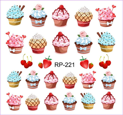 UPRETTEGO NAIL ART BEAUTY WATER STICKER DECAL SLIDER CARTOON CUTE DESSERT COCONUT  ICE CREAM CAKE CHERRY FRUIT CUP RP217-222